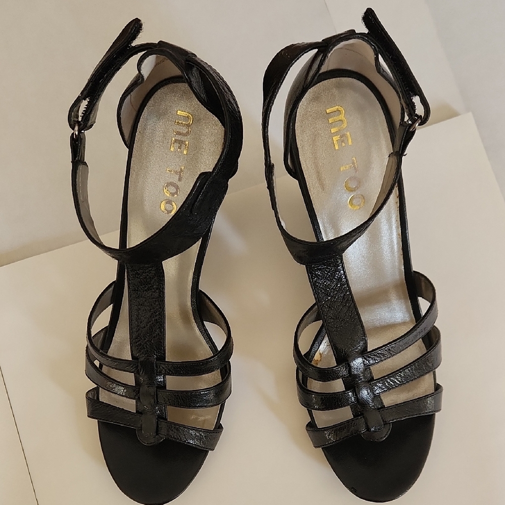 Me Too Elegant Black Leather Strappy Wedge Heels Size 9M EUC